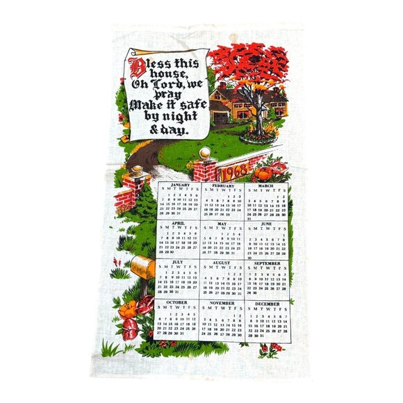 Vtg 1968 Linen Calendar Wall Hanging Bless This House Prayer Housewarming READ - Picture 1 of 9